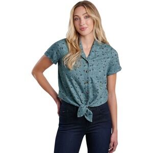 Kuhl Elsie Floral Button Down Tie Front Short Sleeve Shirt Top Blue L